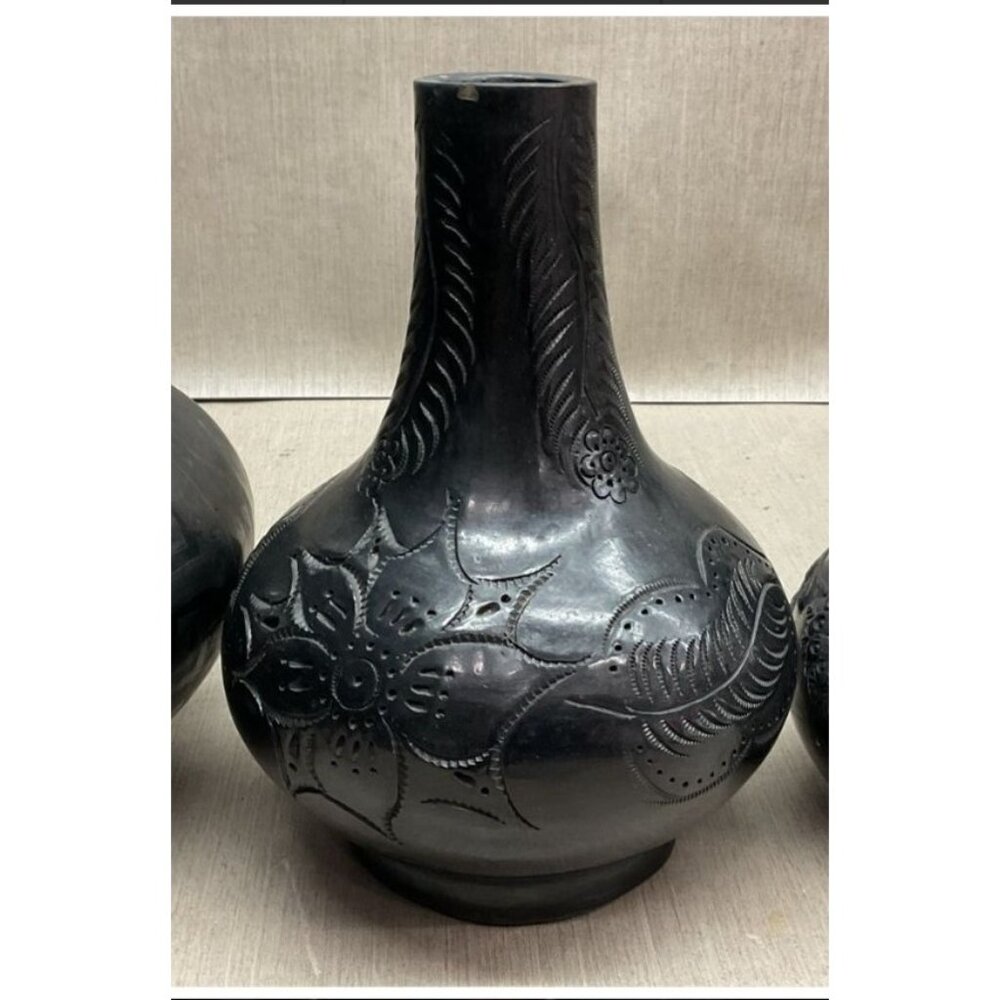 Handcrafted Black Decorative Vase with Floral Carving